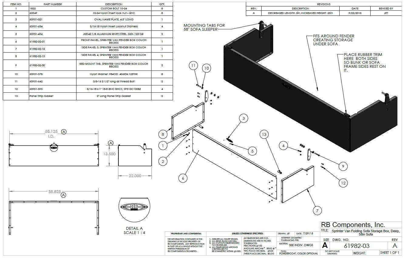 RB Components Sofa Storage Box, 58", Deep