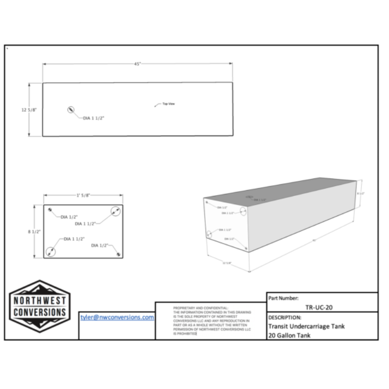 Northwest Conversions 20 Gallon Driver Side Transit Undercarriage Water Tank