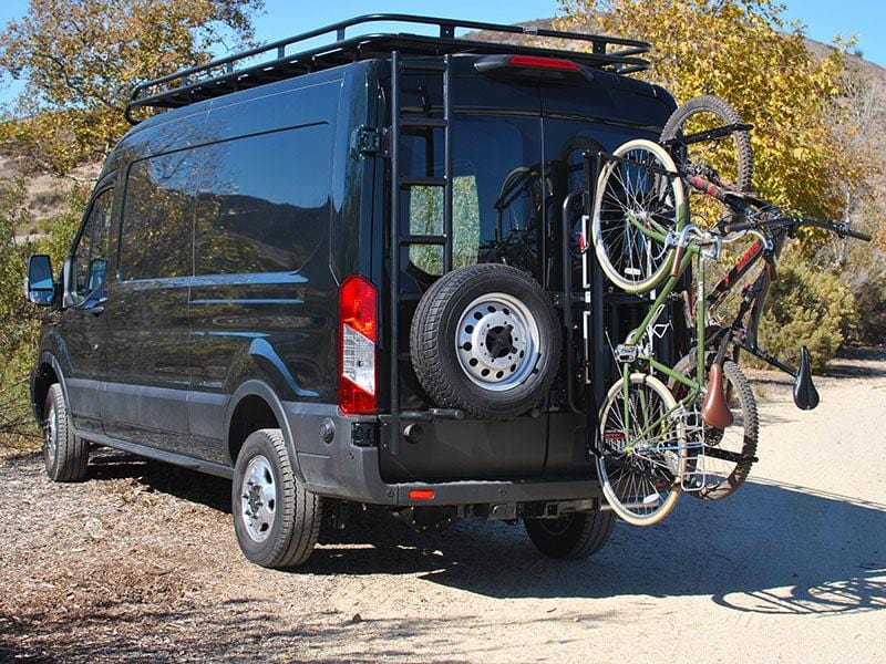2015+ Ford Transit Bike Rack  ( with Vertical Mount 1-UP Bike Trays ) - Campervan HQ