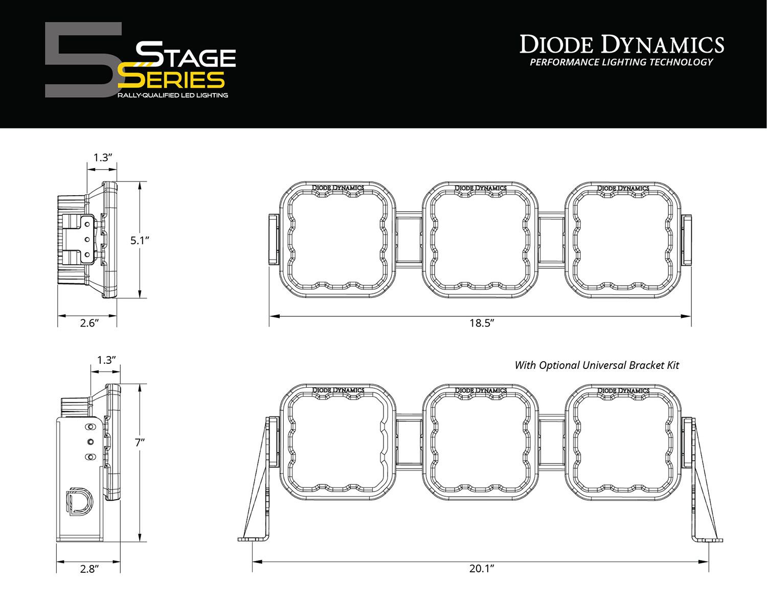 Diode Dynamics SS5 Sport Universal CrossLink 3-Pod Lightbar White Driving-7
