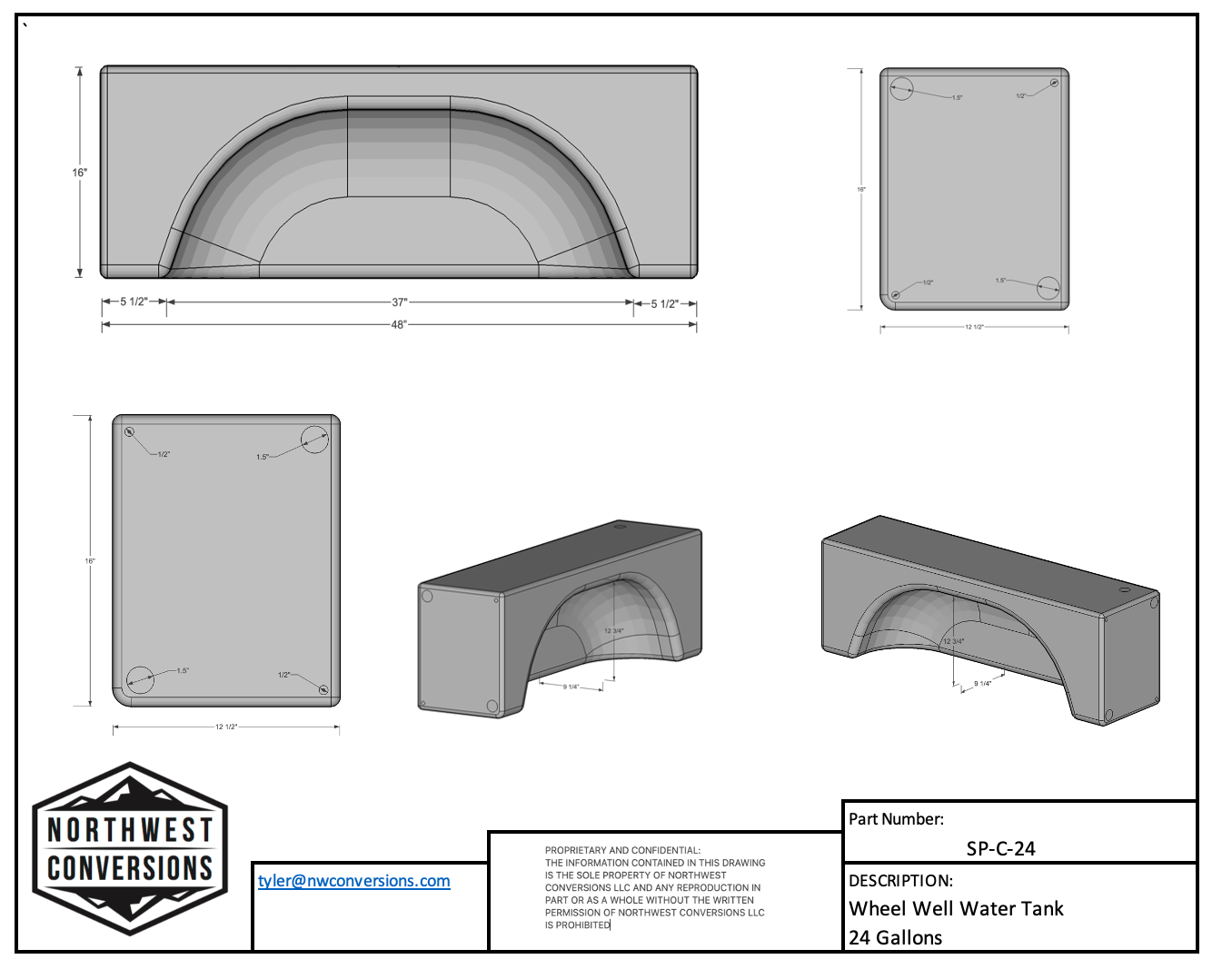 Northwest Conversions 24 Gallon Wheel Well Water Tank (Centered)