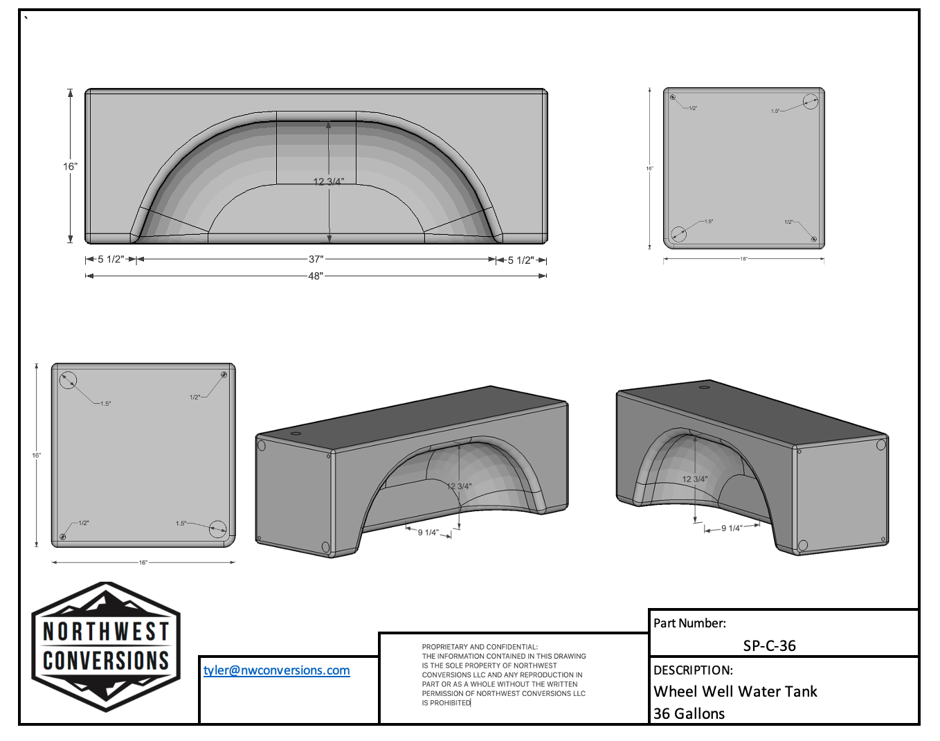 Northwest Conversions 36 Gallon Wheel Well Water Tank (Centered)