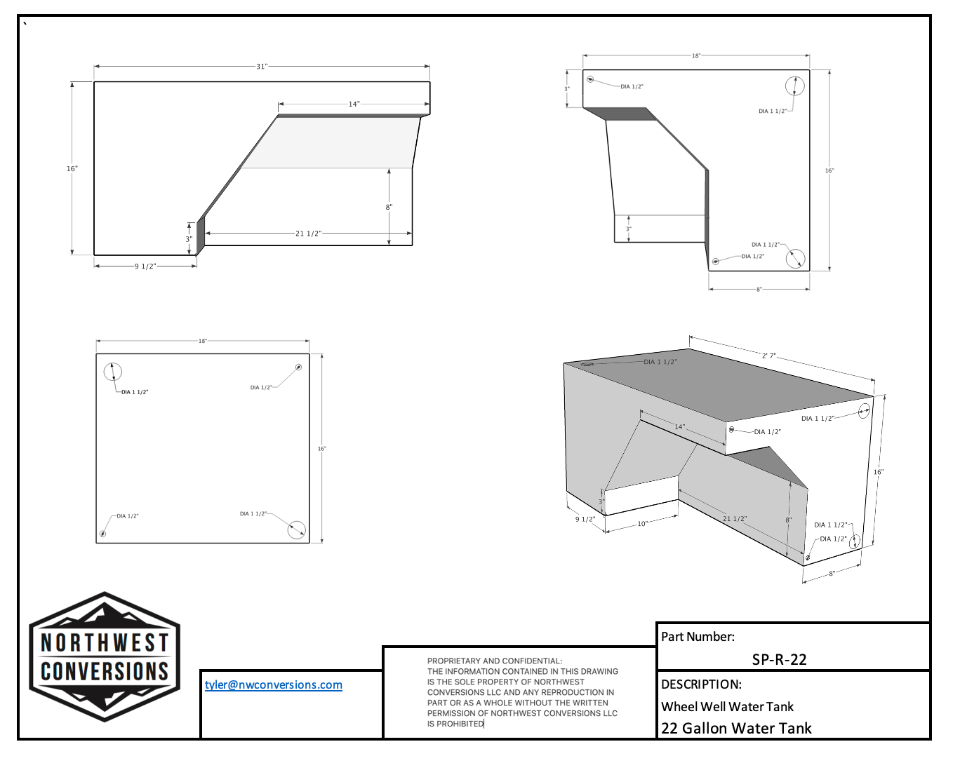 Northwest Conversions 22 Gallon Wheel Well Water Tank (Right)