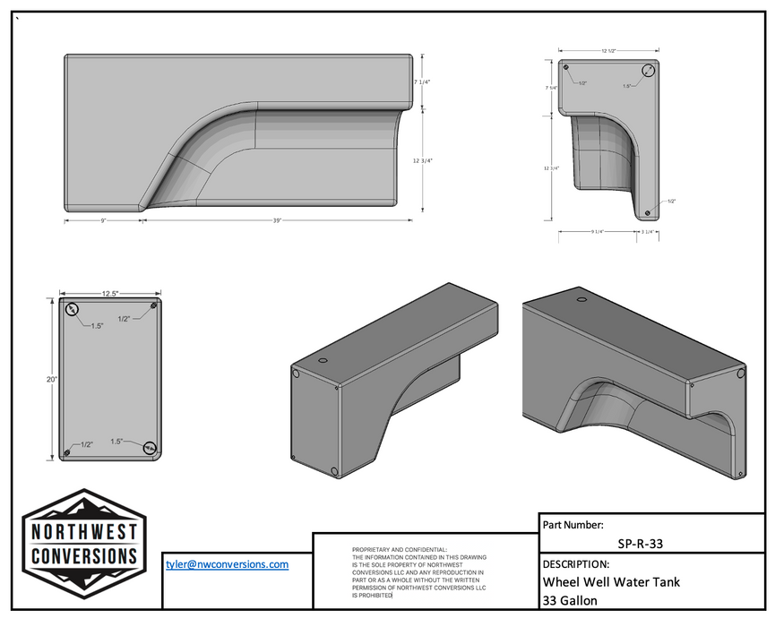Northwest Conversions 33 Gallon 1997+ Sprinter Wheel Well Water Tank - Right (SP-R-33)