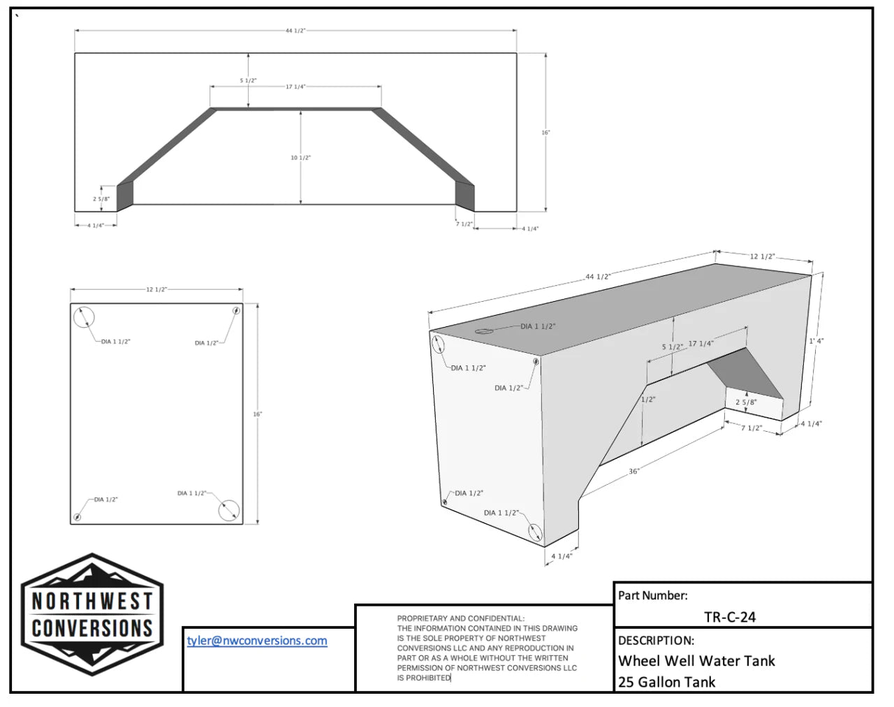 Northwest Conversions 25 Gallon Ford Transit Wheel Well Water Tank (Center)
