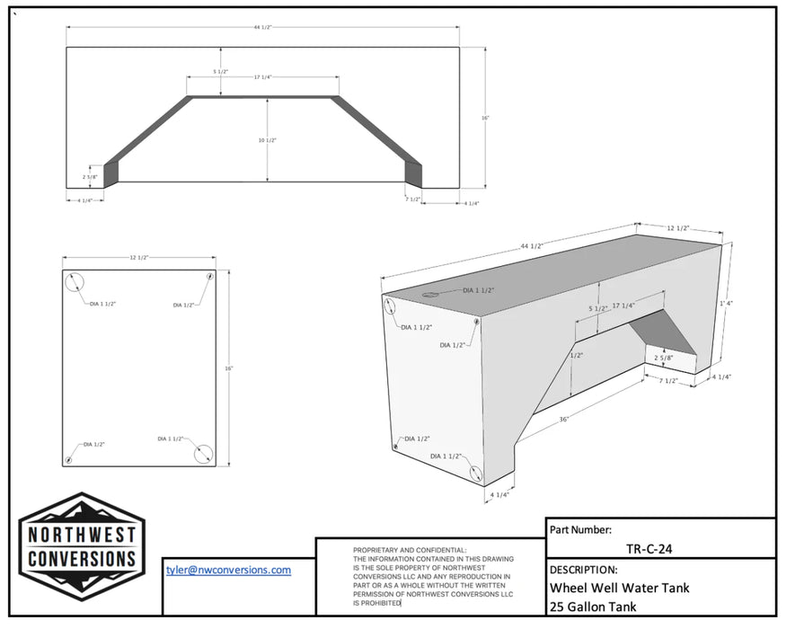 Northwest Conversions 25 Gallon Ford Transit Wheel Well Water Tank (Center)
