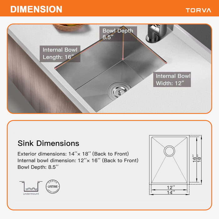 TORVA 14-inch Undermount  Sink – Stainless Steel