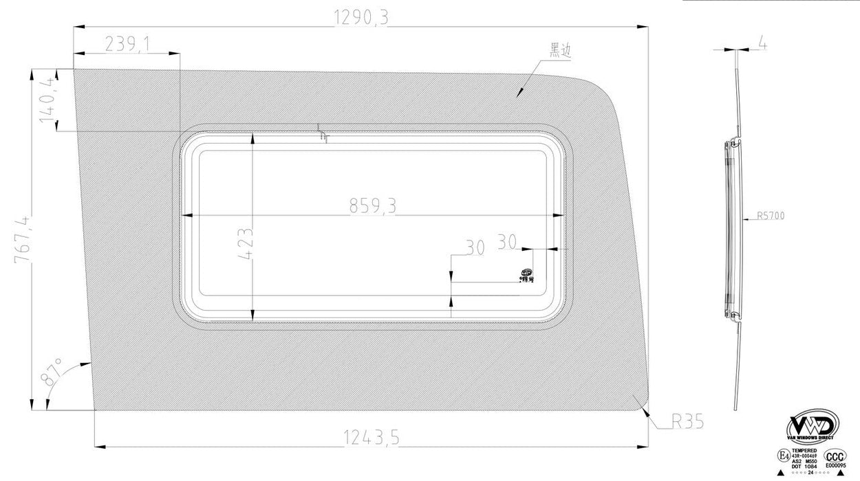 VWD 2007+ Mercedes Sprinter Driver Side Rear Quarter 170" Crank-Out Awning Window (SL103-CA)