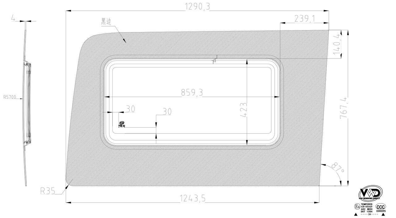 VWD 2007+ Mercedes Sprinter Passenger Side Rear Quarter 170" Crank-Out Awning Window (SR103-CA)