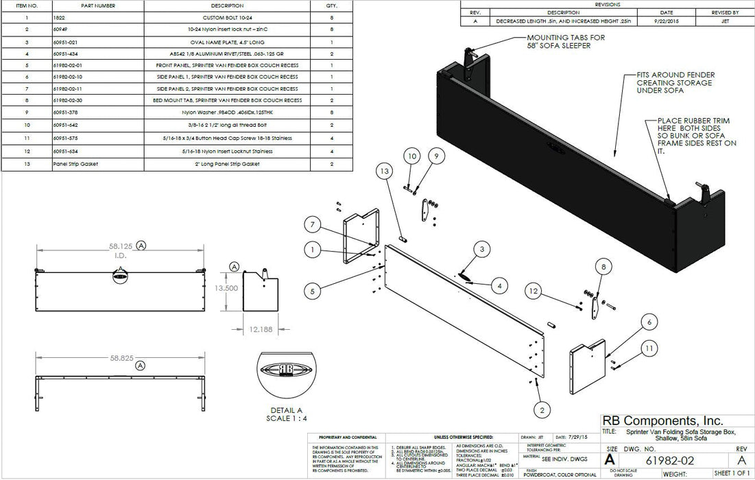 RB Components Sofa Storage Box, 58", Shallow